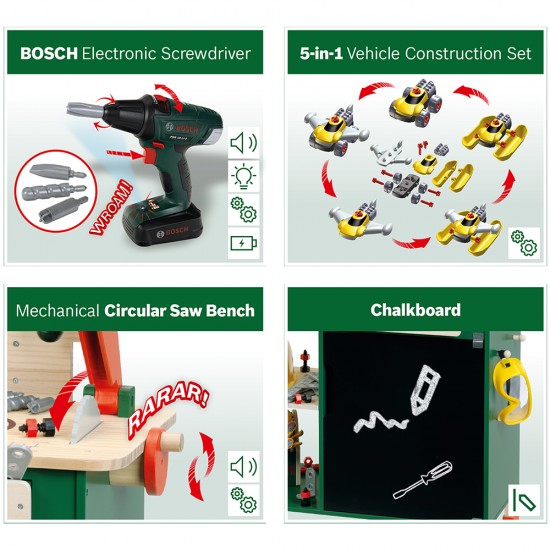 Bosch Mini, Детска дървена работилница „Малък майстор“, 100 части, от борова дървесина